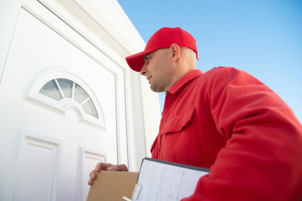 pexels-photo-6670227-6670227 A delivery person in red uniform holding a package at a white door, ready to deliver.